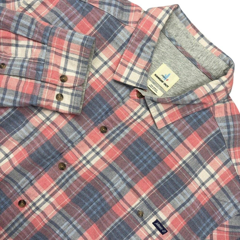 johnnie-O Hangin Out Shirt Shacket Mens XXL Pink Plaid Jersey Lined Flannel